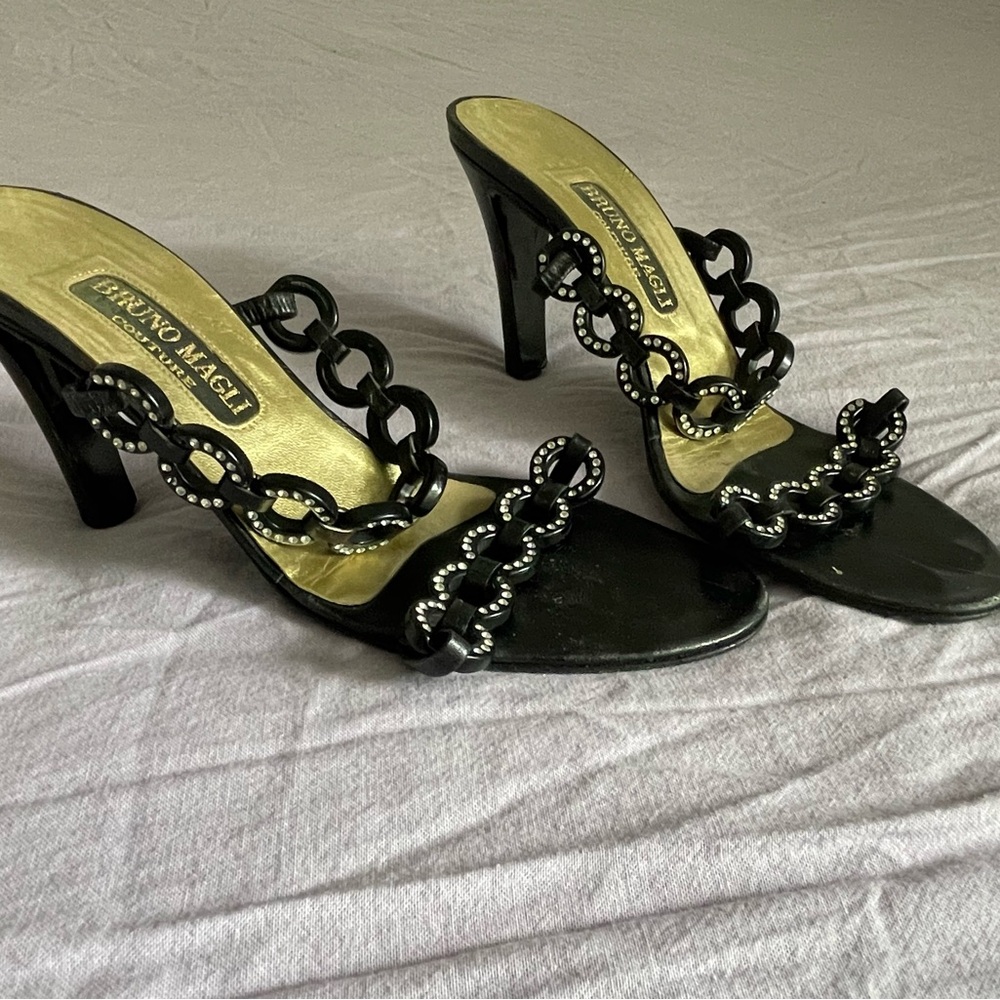 Bruno Magli Black Chain-Embellished High Heel Mules